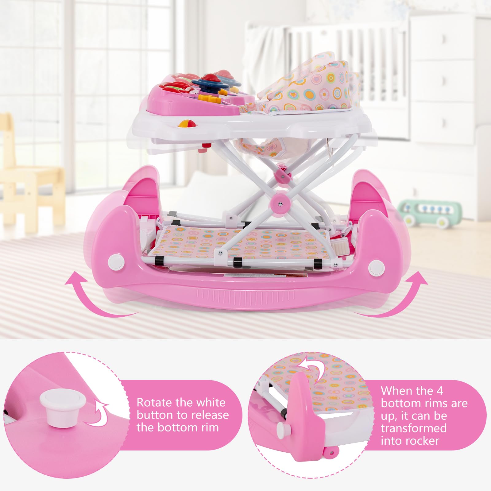 INFANS Baby Walker, 5 in 1 Behind Walker Learning Seated Rocker Bouncer with Removable Music Tray, Adjustable Height, Washable Seat Cushion, Foldable Activity Center for Toddlers (Pink)