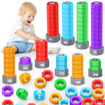 Child playing with colorful building blocks and number pieces on a white background