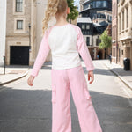 Kucnuzki Little Girls Clothes 6 7 Year Old Girl Clothes Long Sleeve T-Shirt Fall Tops New York T Shirt High Waist Long Pants Pink Cargo Pants Kids Clothing