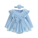 ZAXARRA Infant Baby Girl Romper Dress Baby Dress Romper Flowers Lace Fall Winter Clothes with Headband (Blue, 3-6 Months)