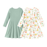 PATPAT Toddler Girl 2-Pack Long Sleeve A-line Dress Set Spring Festivals & Family Photos, Light Green Flower, 6-7 Years