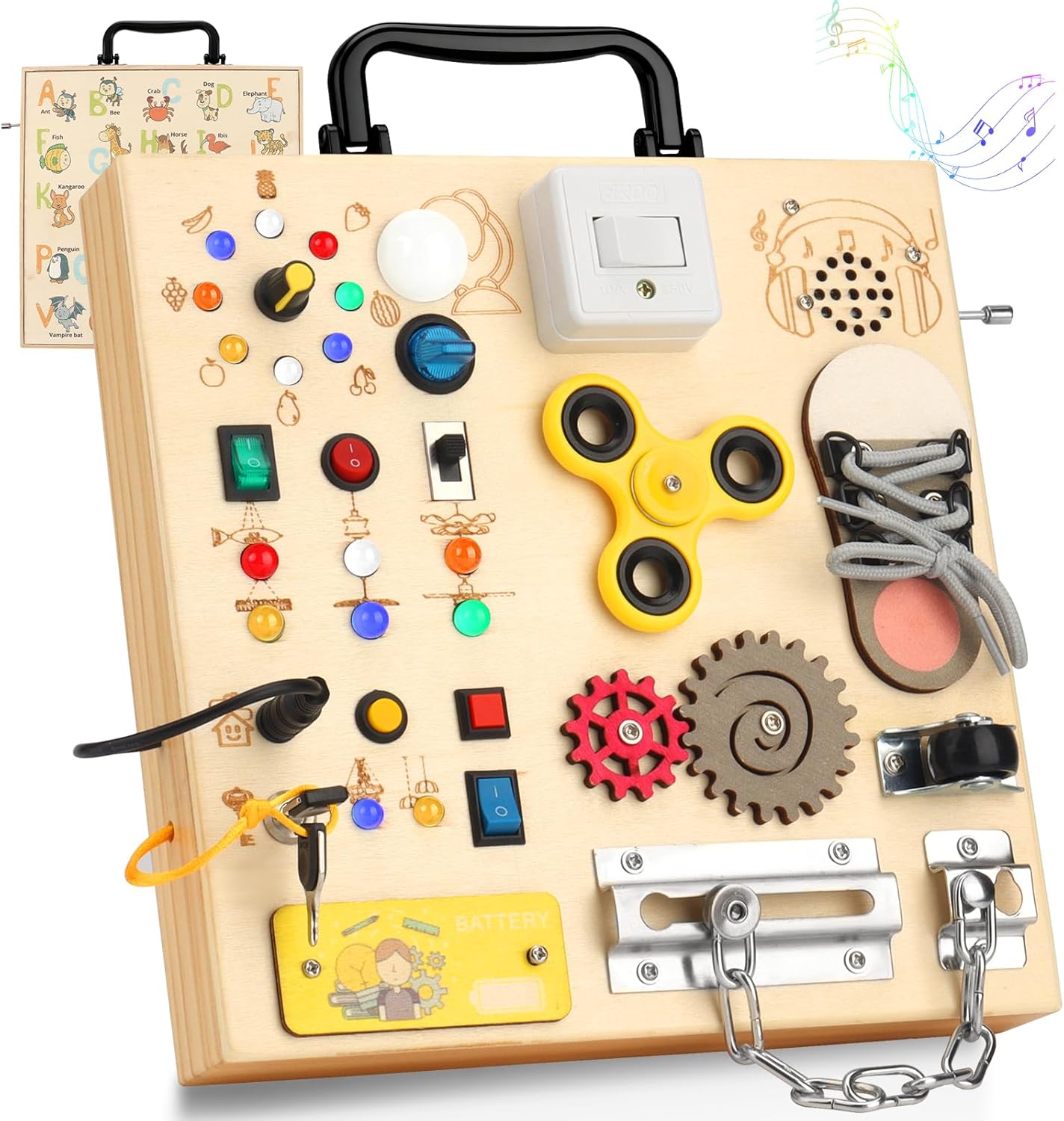 Wooden Busy Board with LED Light–Montessori Baby Learning Toys for Toddlers 1-4, Sensory Activity Board, Travel Toys & Educational Birthday / Christmas Music Gifts for 1+ Year Old Boy (Silver Handle)