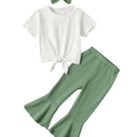 Kucnuzki 2T-3T Toddler Girl Outfit - Cute Stuff Short Sleeve Ruffle Tops Shirt & Green Pants Set for 2-3 Years Old