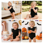 ROMPERINBOX Baby Girl Onsies Black Polka Dot Mesh Puff Sleeve Rib-Knit Short Sleeve Round Neck Bodysuit, 0-3 Months