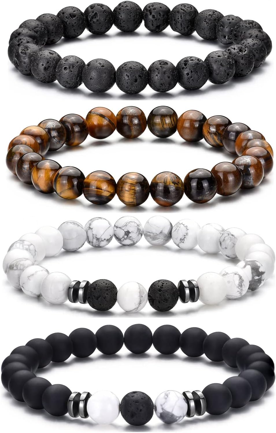 RANKEEF Tiger Eye Bracelet For Men 8MM Natural Stone Beads Bracelet Set Stretch Lava Rock Bracelets Adjustable Black Crystal Beaded Bracelet for Men Women Gifts