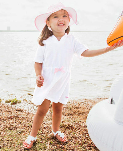 RuffleButts® Girls White w/Pink Seersucker Terry Hoodie Swimsuit Cover-Up - White, 4T
