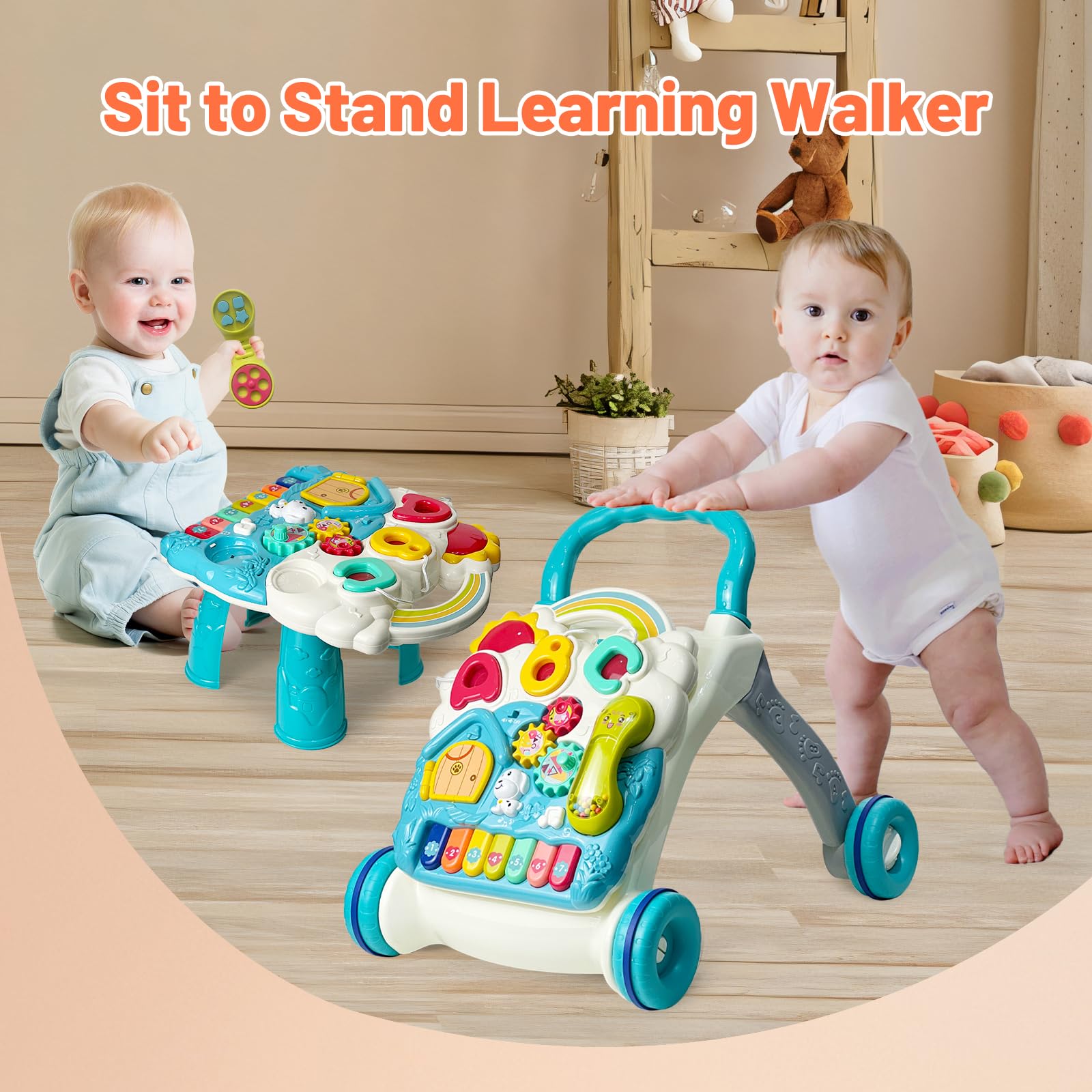 Sit to Stand Baby Walker, Activity Center with Music and Light, Activity Table for Toddlers, Push Toys for Babies Learning to Walk, Early Education Toys for Infant Boys Girls 6 Months Up (Blue)