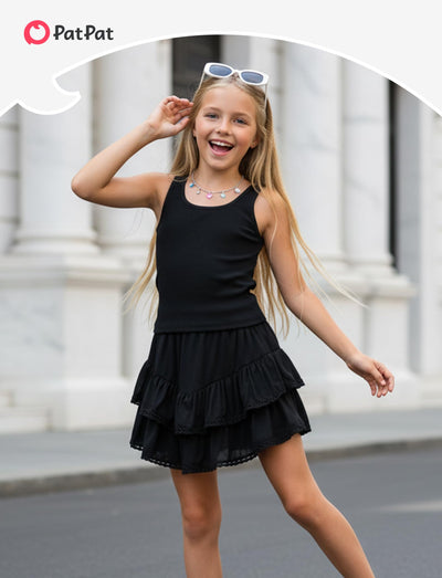 PATPAT Girls Skirt Sets Size 11-12, Black Crop Tank Tops + Pleated Skirts with Built in Shorts 2 Piece Outfits, Tween Girls Trendy Clothes Western Outfits Streetwear