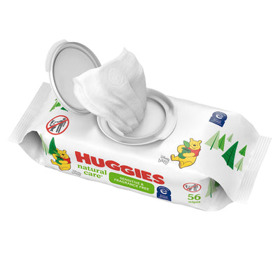 Huggies natural care wipes packaging with a Pooh bear illustration on a white background