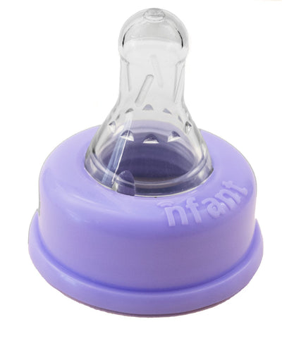 Purple baby bottle with clear nipple on a white background
