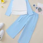 Kucnuzki Toddler Girl Clothes 3T 4T Girl Clothes Fall Outfits Blue Long Sleeve Tops Graphic T Shirt Cargo Pants 2 Piece Clothing Set