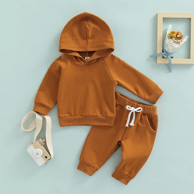 Thorn Tree Infant Baby Boys Pants Set Hooded Solid Sweatshirt Top Pocket Elastic Waist Pants 2Pcs Outfits Fall Winter Suit