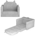 ORWIPO Kids Sofa Bed with Removable Washable Cover & Backrest – Foldable Toddler Chair, Cozy Crystal Velvet Furniture for Playtime, Naps & Travel (Gray, Bear Design)