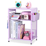 ECOLOVI Kids Nightstand 19in High for Floor Beds, 3-Tier Metal Small Bedside Table with Adjustable Storage Shelf, Basket & 3 S-Hooks, Low Nightstand for Nursery, Toddler Bedroom (Purple)
