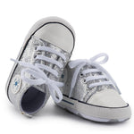 KKIIDDSS Unisex Baby Girls Boys Canvas High-top Shoes, Newborn Infant Anti-Slip Soft Sole Frist Walking Sneakers (B02/Sequin Silver, 12-18 Months)