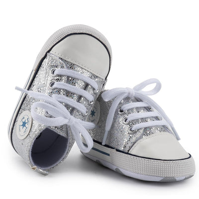 KKIIDDSS Unisex Baby Girls Boys Canvas High-top Shoes, Newborn Infant Anti-Slip Soft Sole Frist Walking Sneakers (B02/Sequin Silver, 12-18 Months)
