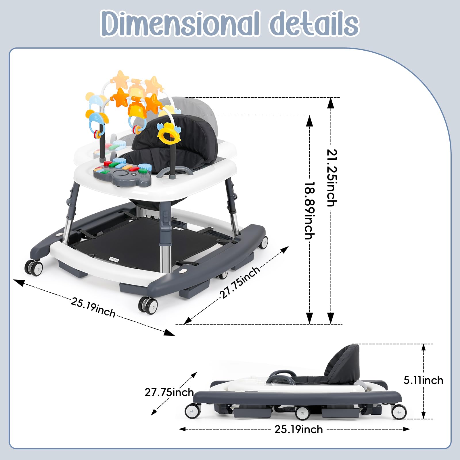 Wolfcode 5-in-1 Music and Lights Baby Walker Foldable with 5 Adjustable Heights, Baby Walker with Wheels and Bouncer Combo Portable, Infant Toddler Walker for Baby Boy Girls 6-18 Months