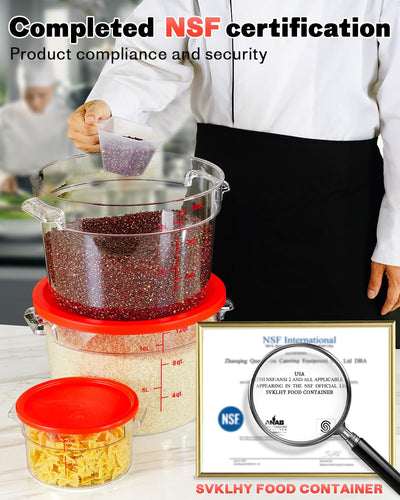 6QT NSF Food Storage Containers: 8 PCS [Food Grade][Hot&Cold Resistant] Commercial Clear Round Food Storage Containers with Scales Handles for Home Restaurant Kitchen Proof Dough(BPA FREE N)
