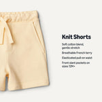 Amazon Essentials x Sofia Grainge Baby Boys' Pull-On Knit French Terry Shorts, Pack of 2, Pale Yellow/Stripe, 3-6 Months