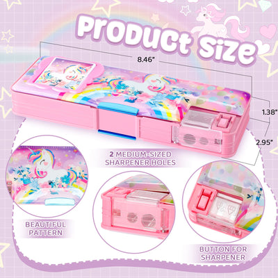 Henoyso Multifunctional Pencil Box for Girls Unicorn Pencil Case with Calculator and Sharpener Cool Cute Pencilcase School Supplies Essentials Valentine's Day Birthday Gift Present for Kids Teens