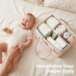 Konssy Floral Quilted Diaper Caddy Organizer, Diaper Caddy Basket with PU Leather Handles, Water-Repellent Nursery Storage Basket, Portable Car Organizer, Registry Search Must Haves (Floral)