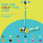 Dribbl 3-Wheel Kids Scooter - Lean-to-Steer Technology, Adjustable Height Handlebar, Wide Deck, Scooter for Boys & Girls Ages 3+, Child Safety Approved, Support Riders Up to 165 lbs, Aqua and Yellow