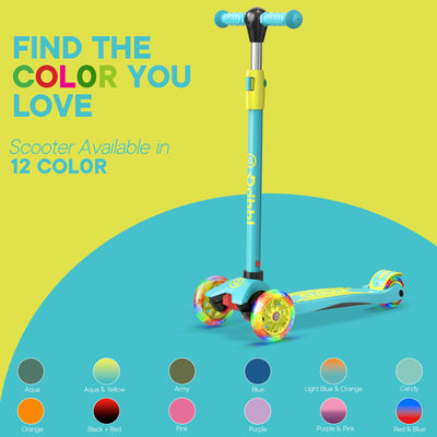 Dribbl 3-Wheel Kids Scooter - Lean-to-Steer Technology, Adjustable Height Handlebar, Wide Deck, Scooter for Boys & Girls Ages 3+, Child Safety Approved, Support Riders Up to 165 lbs, Aqua and Yellow
