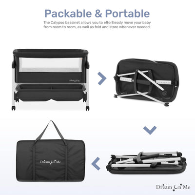 Dream On Me Calypso Portable Bassinet with Wheels, Adjustable Height Bedside Sleeper, Foldable Baby Bassinet with Breathable Mesh Sides, Foam Mattress, Easy Mobility & Travel-Friendly Design - Black