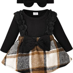 Baby Girl Clothes Fall Winter Outfit Plaid Romper Long Sleeve Dress Lace Ruffles Bodysuit with Bow Headband