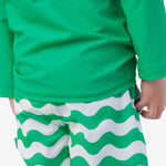 RUGGEDBUTTS Boys UPF50+ Stretch Neon Swim Trunks - Bright Green Wavy Stripe, 3-6m