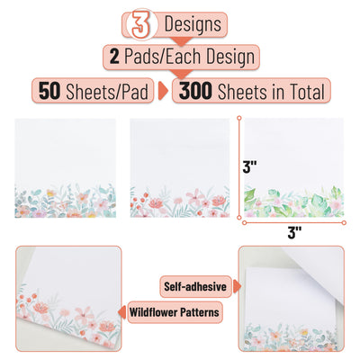 Mr. Pen- Wildflower Sticky Notes, 3"x3", 6 Pack, 300 Sheets, Untamed Flora Sticky Notes, Self-Stick Note Pads, Adorable Memo Pads for Journal, Planners, Office, School, Home, Stationery Gift