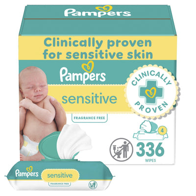 Pampers sensitive wipes packaging with a baby image on a white background