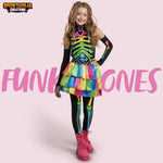 Spooktacular Creations Halloween Kids Skeleton Costume, Funky Punky Bone Colorful Skeleton Deluxe Costume, Halloween Girls Outfit Set with Hair Extensions