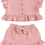 BemeyourBBs Summer Toddler Girl Clothes Baby Girl Ruffle Sleeveless Shirt with Buttons Bow Bloomers Shorts Set Cute Outfits