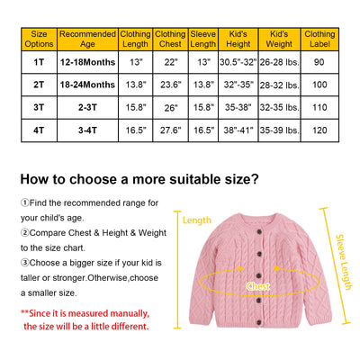Peecabe Toddler Girl Sweaters Cable Knit Long Sleeve Crewneck Chunky Crochet Cardigans 1-6T (Pink, 1T)