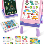 Elovien Easel for Kids, 4 in 1 Double Sided Toddler Art Easel with Chalkboard & Magnetic Whiteboard, Foldable Kid Tabletop Easel with Drawing & Writing Accessories - Educational Gift for Girl (Purple)