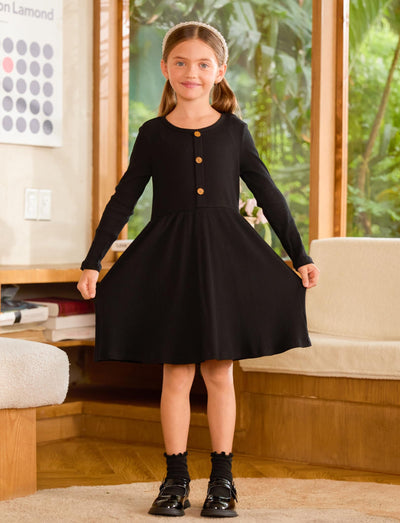 PATPAT Toddler Girl Long Sleeve Ribbed Knit Dress, Black, 6-9 Months, Holiday Outfit or Everyday Wear