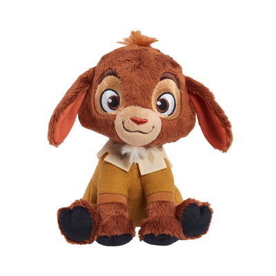 Plush toy resembling a rabbit with a brown coat and black shoes on a white background