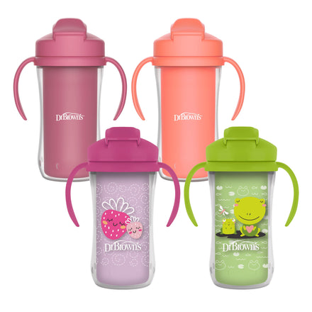 Four Dr. Brown's sippy cups in pink, orange, purple, and green on a white background.