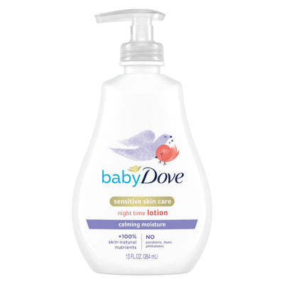 Baby Dove night time lotion bottle on a white background