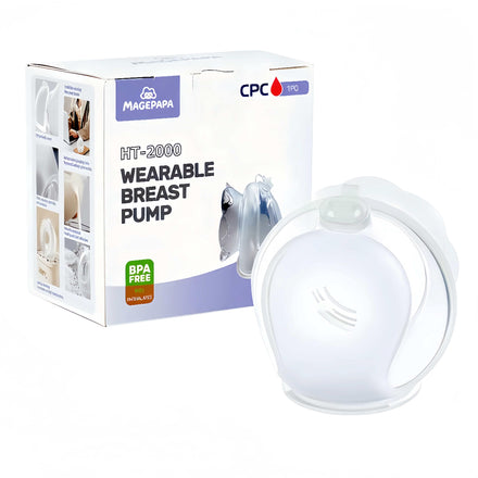 Wearable breast pump with packaging displaying brand names on a white background