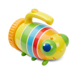 Colorful toy with a striped body and yellow handle on a white background