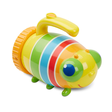 Colorful toy with a striped body and yellow handle on a white background