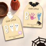 Halloween Baby Footprint Kit Wood Newborn Handprint Sign with Base Baby's First DIY Halloween Keepsake Our Little Boo Board for Baby Boy Gifts (A)