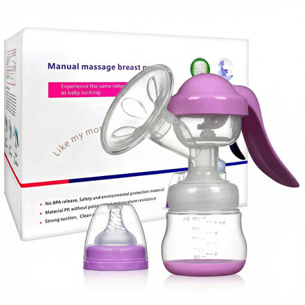 Manual massage breast pump with packaging on a white background