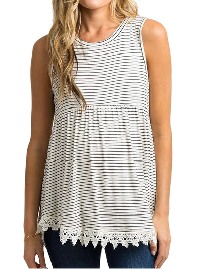 Xpenyo Womens Maternity Tank Top Sleeveless Lace Crochet Trim Peplum Cami Shirts White Pinstripe M