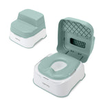 Green and white potty training seat with cover on a white background