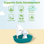 PlanToys® Polar Bear Sailing Boat Bath Toy for Toddlers | Montessori Wooden Water Toys for Kids | Eco-Friendly Floating Boat for Bathtub, Pool & Water Table