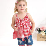 Kucnuzki Baby Girl Clothes Toddler Girl Summer Two Piece Outfit Kids Ruffle Sleeveless Plaid Tops Denim Jeans Shorts Set