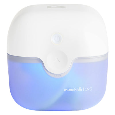 White and blue handheld device with 'munchkin' branding on a white background